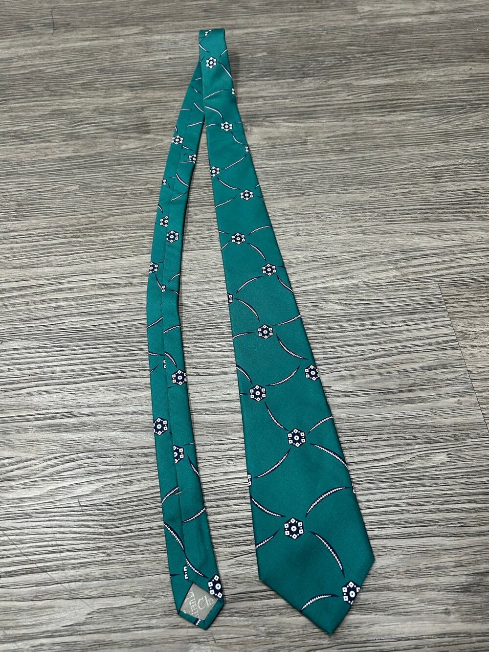 Vintage Christian Dior Silk Tie Green Teal Geometric Pattern Made in USA / Italy
